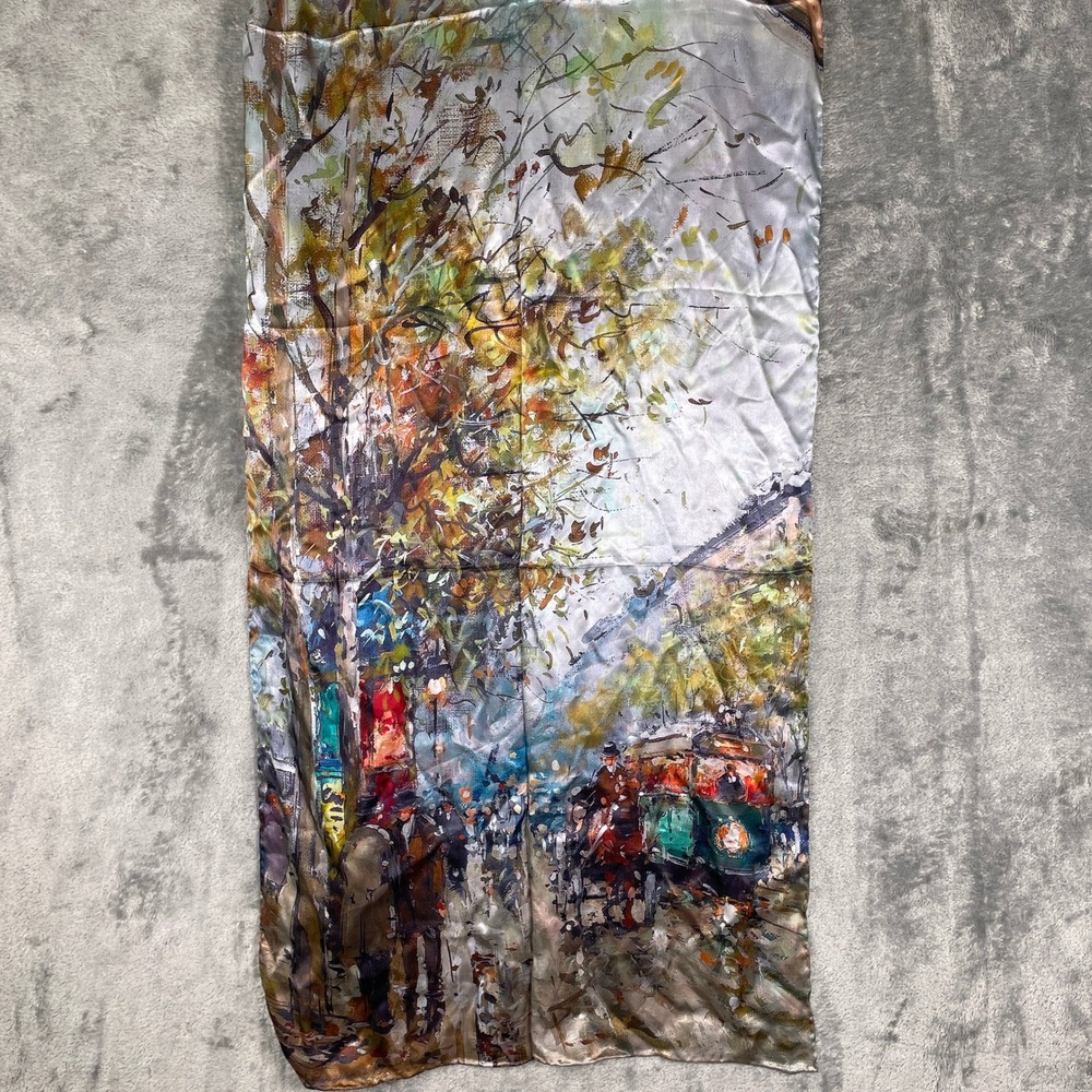 Old Shanghai Silk Scarf‎ Women OS Impressionist City Scene Trees Nature People